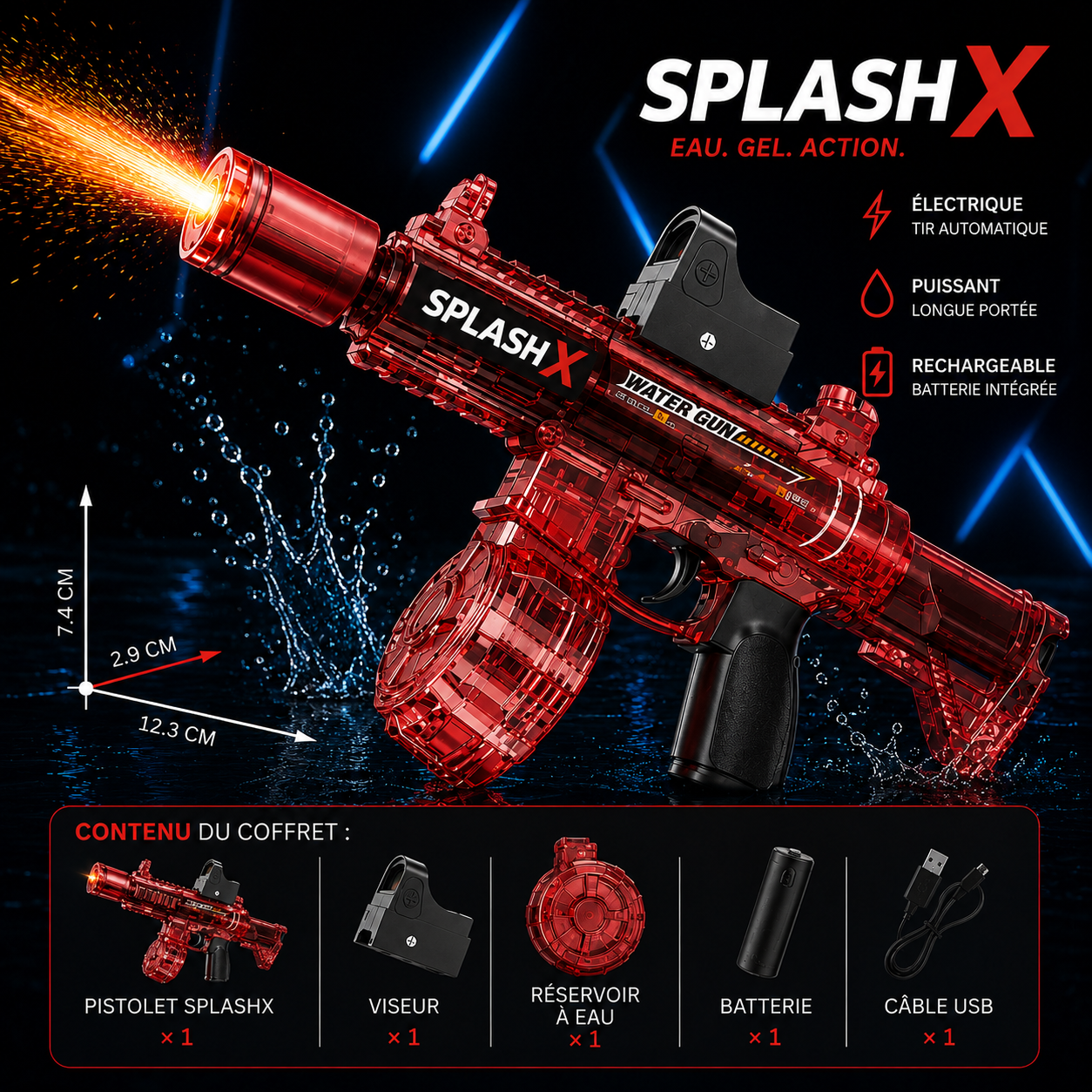 Pistolet à Eau Électrique CY107 – Effets Flamme LED Tir Automatique Rechargeable
