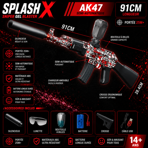 Fusil AK47 Électrique à Billes de Gel – Tir Automatique Rechargeable USB
