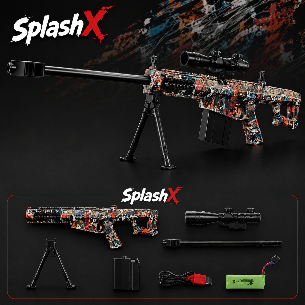 Fusil Sniper à Billes de Gel Barrett – Mode Manuel et Automatique 7,4V Rechargeable