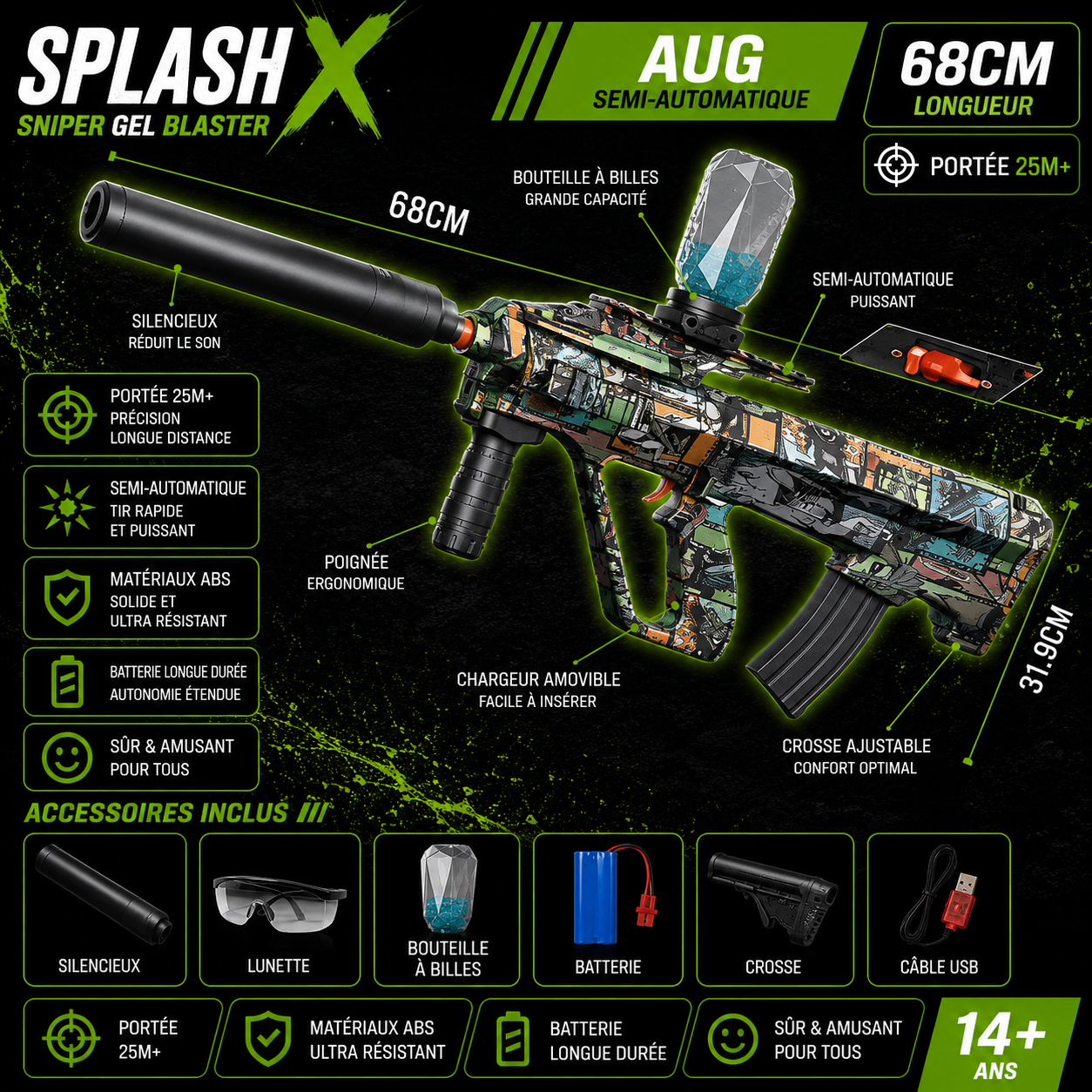 Gel Ball Blaster AUG Electric - USB Rechargeable Automatic Shooting