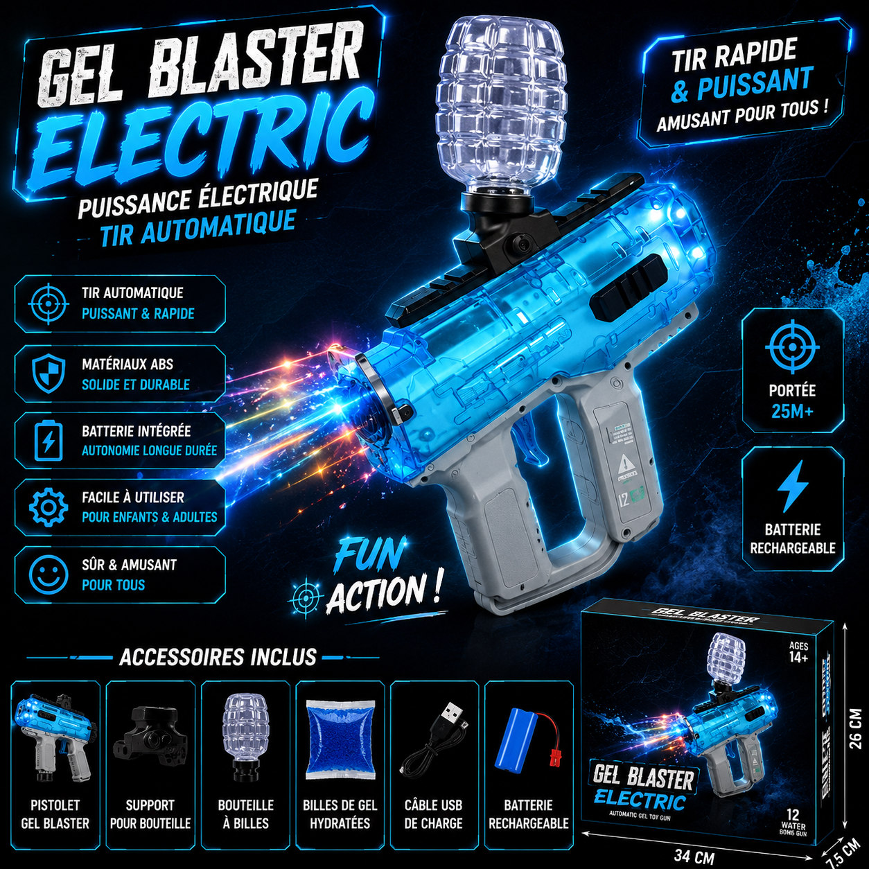 Electric Water Gun – Colorful Light Effects Range 10-12M 1000 Pellets