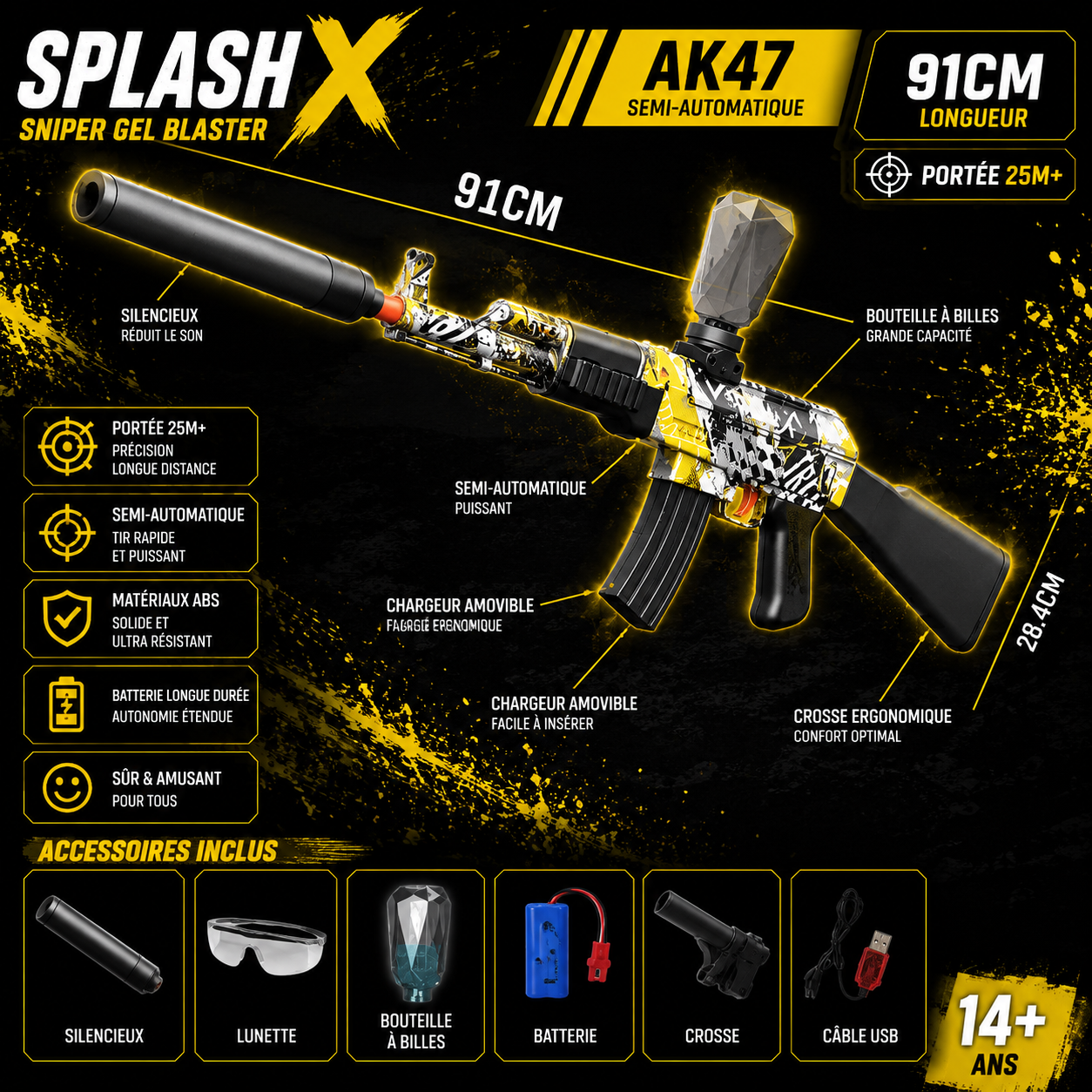 Fusil AK47 Électrique à Billes de Gel – Tir Automatique Rechargeable USB