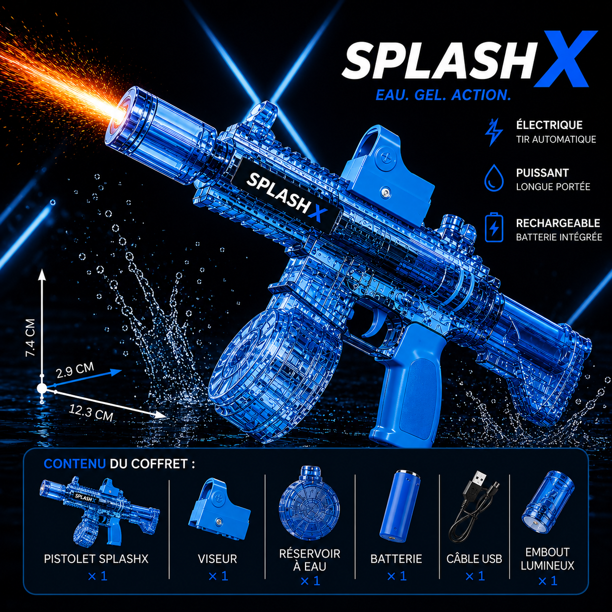 Pistolet à Eau Électrique CY107 – Effets Flamme LED Tir Automatique Rechargeable