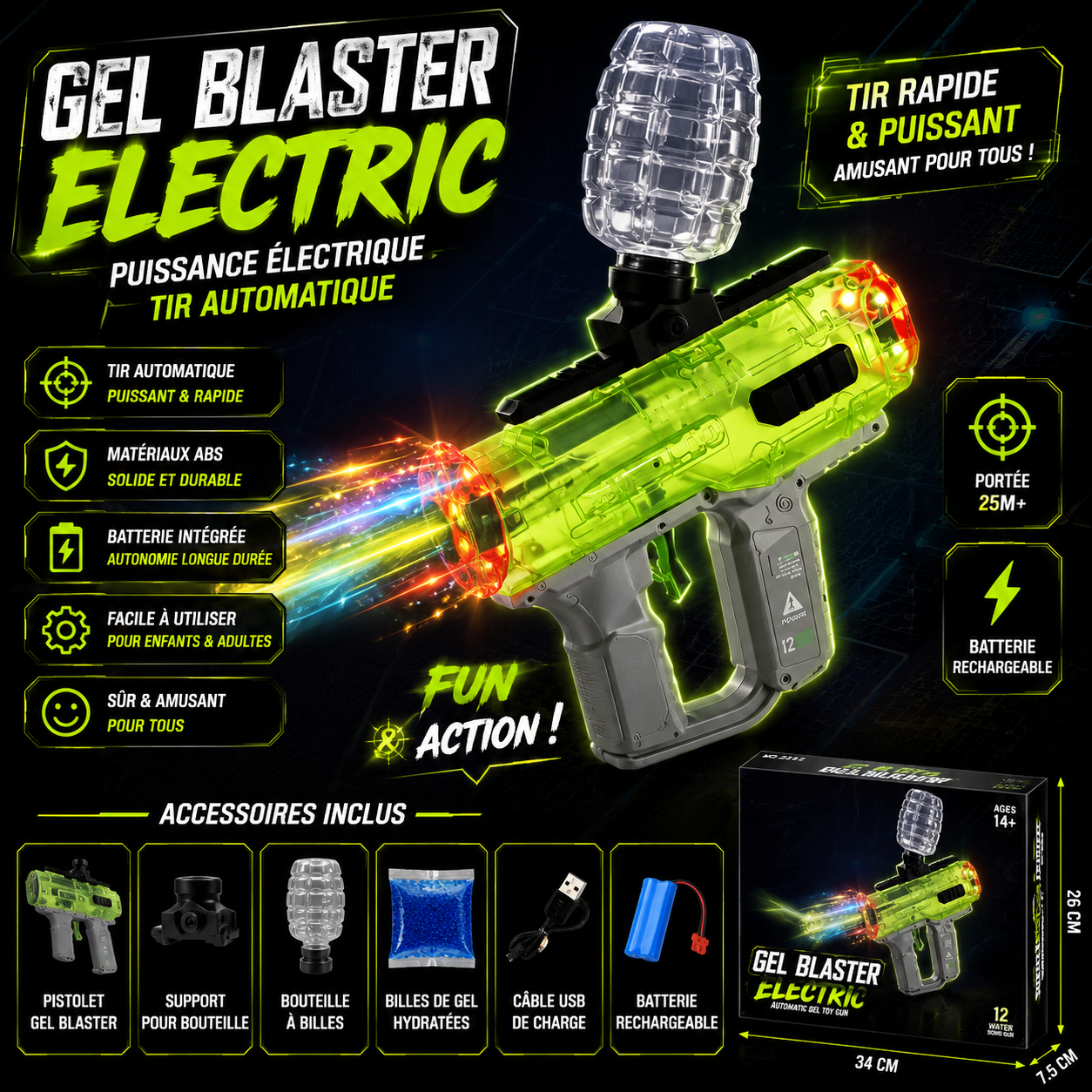 Electric Water Gun – Colorful Light Effects Range 10-12M 1000 Pellets