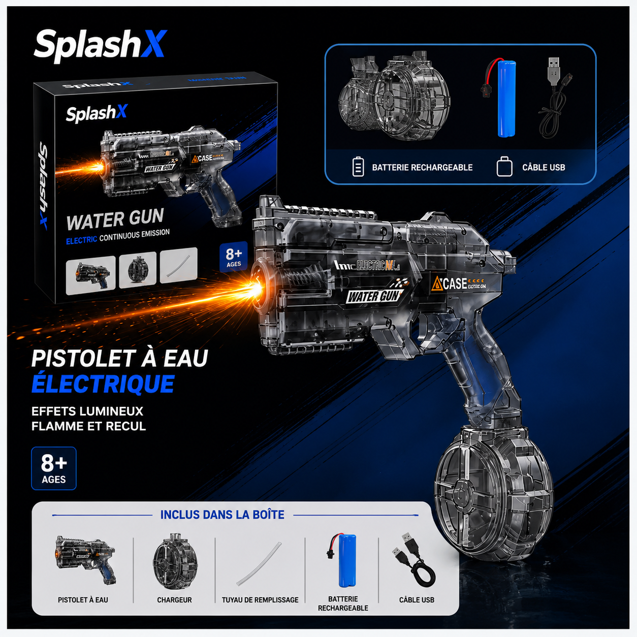 Electric Water Gun - Flame Light Effects and Automatic Recoil 8M