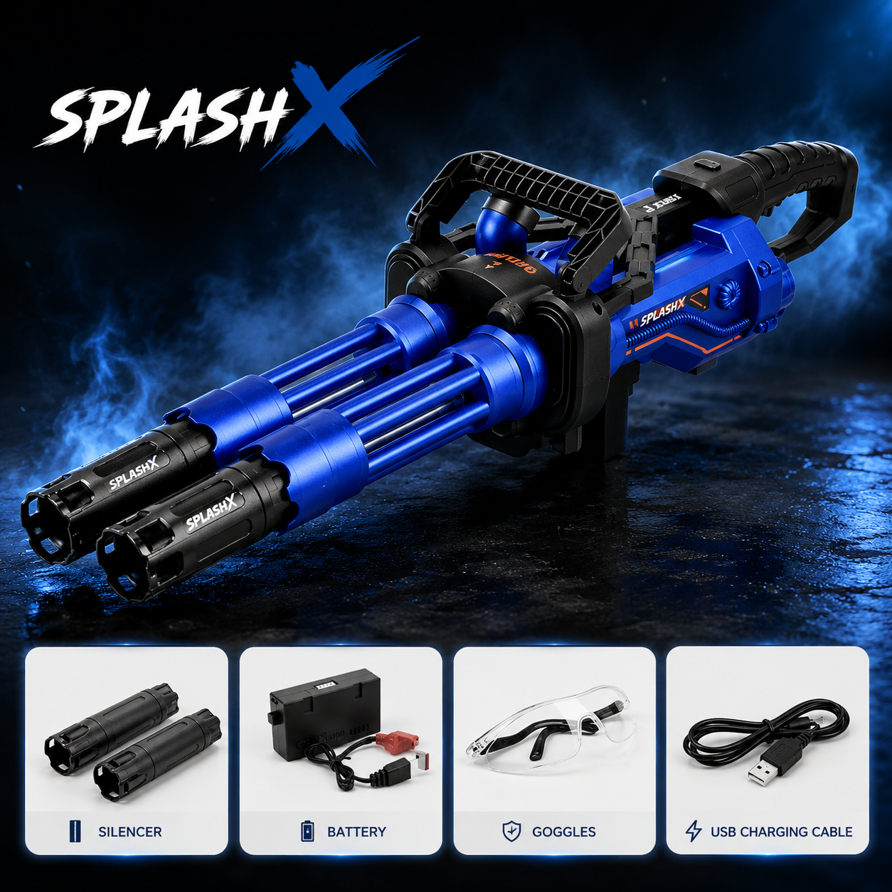 Gel Ball Gatling Gun - Dual Rotating Barrel Automatic Firing Rechargeable