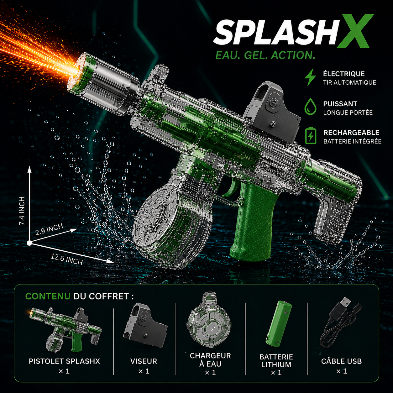 Pistolet à Eau Électrique CY107 – Effets Flamme LED Tir Automatique Rechargeable