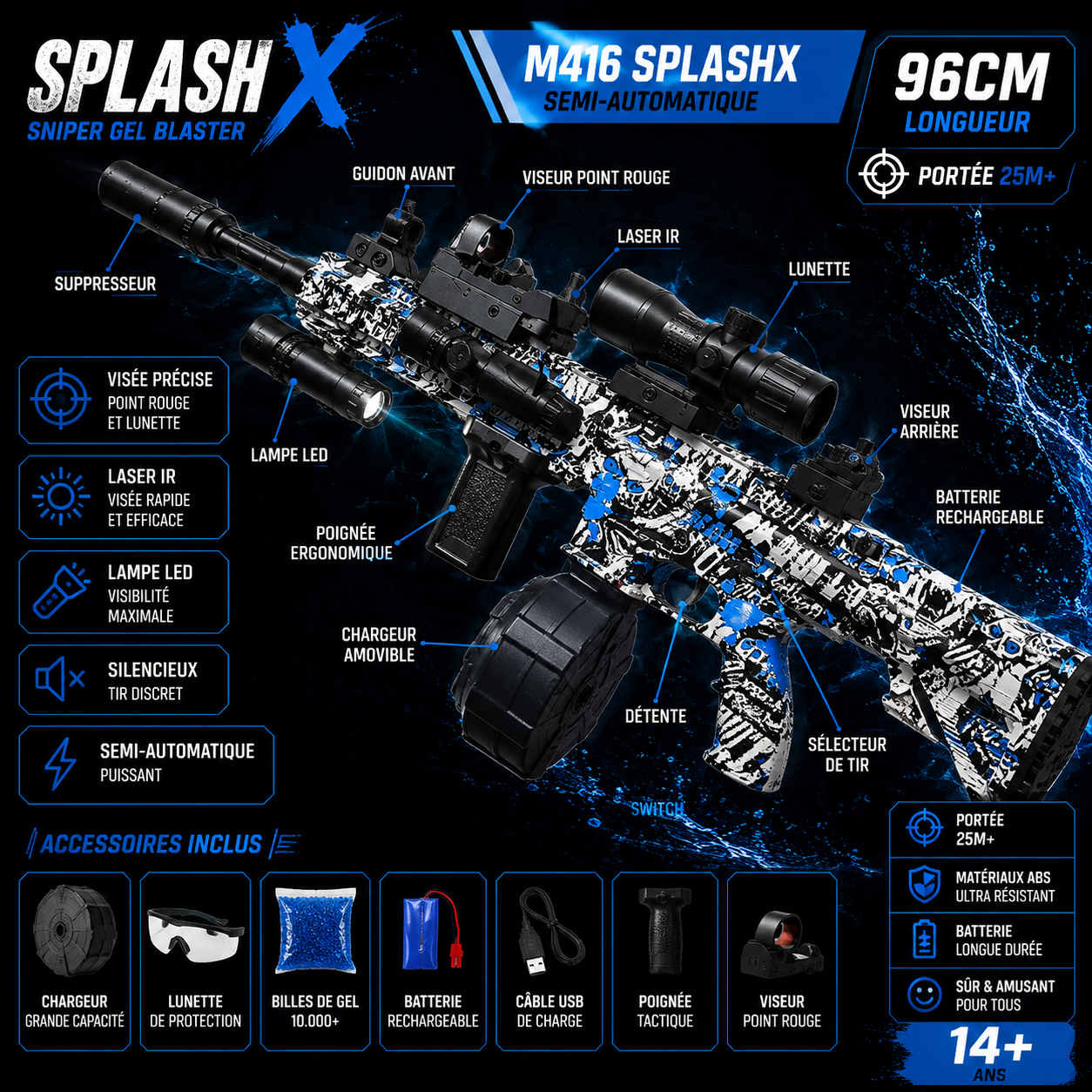 M416 Gel Blaster Rifle Complete Kit – Dual Battery 35M Range Automatic Firing Rechargeable